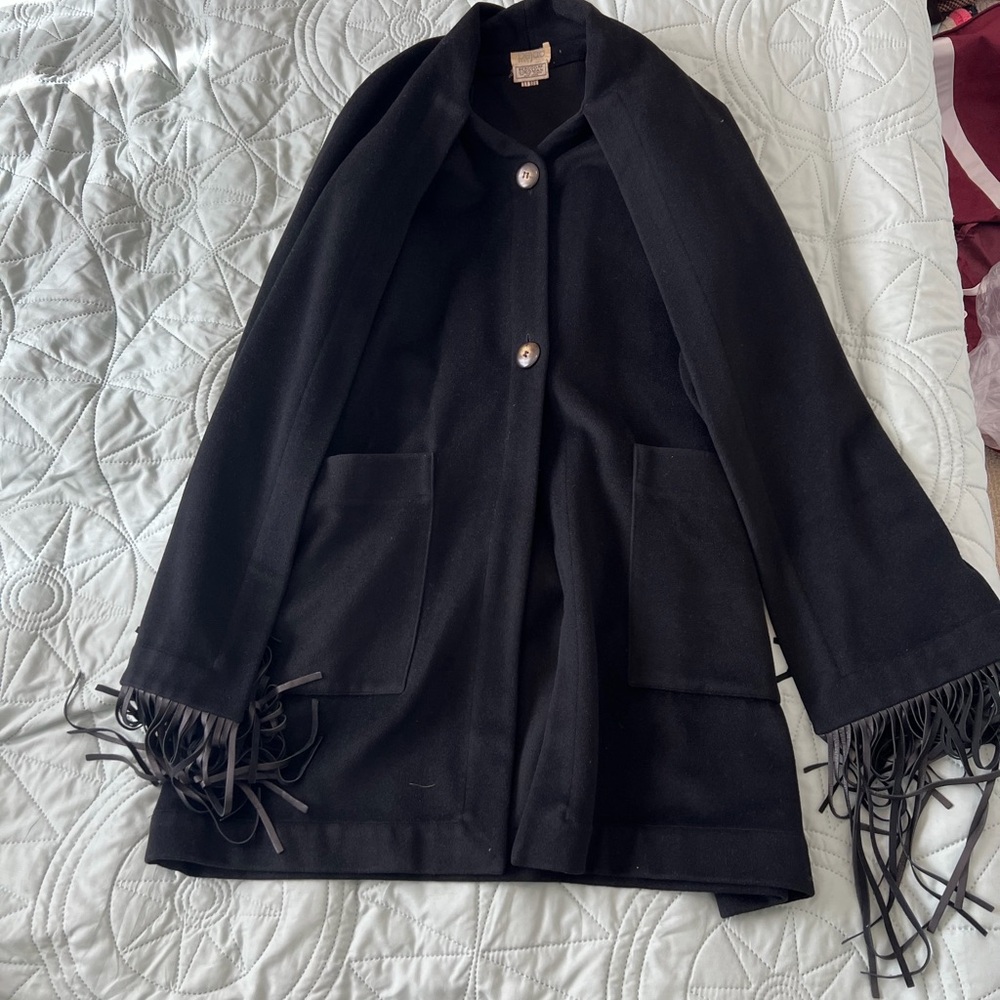 Vintage Women's Black Fringe-Trim Coat with scarf